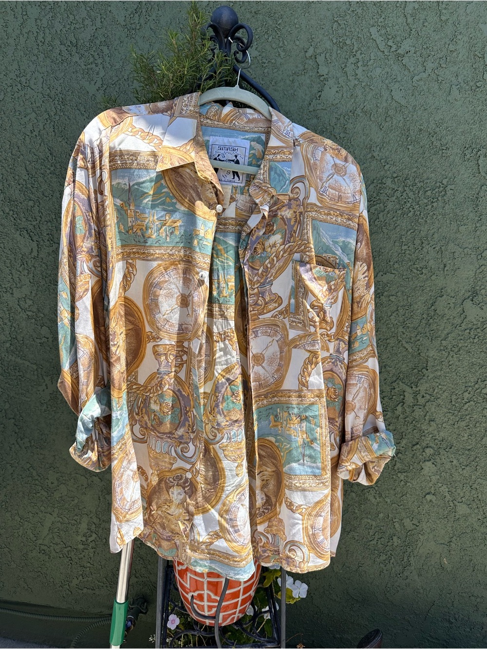 SMASH Printed Button-Down Shirt in Gold & Teal - Italy France